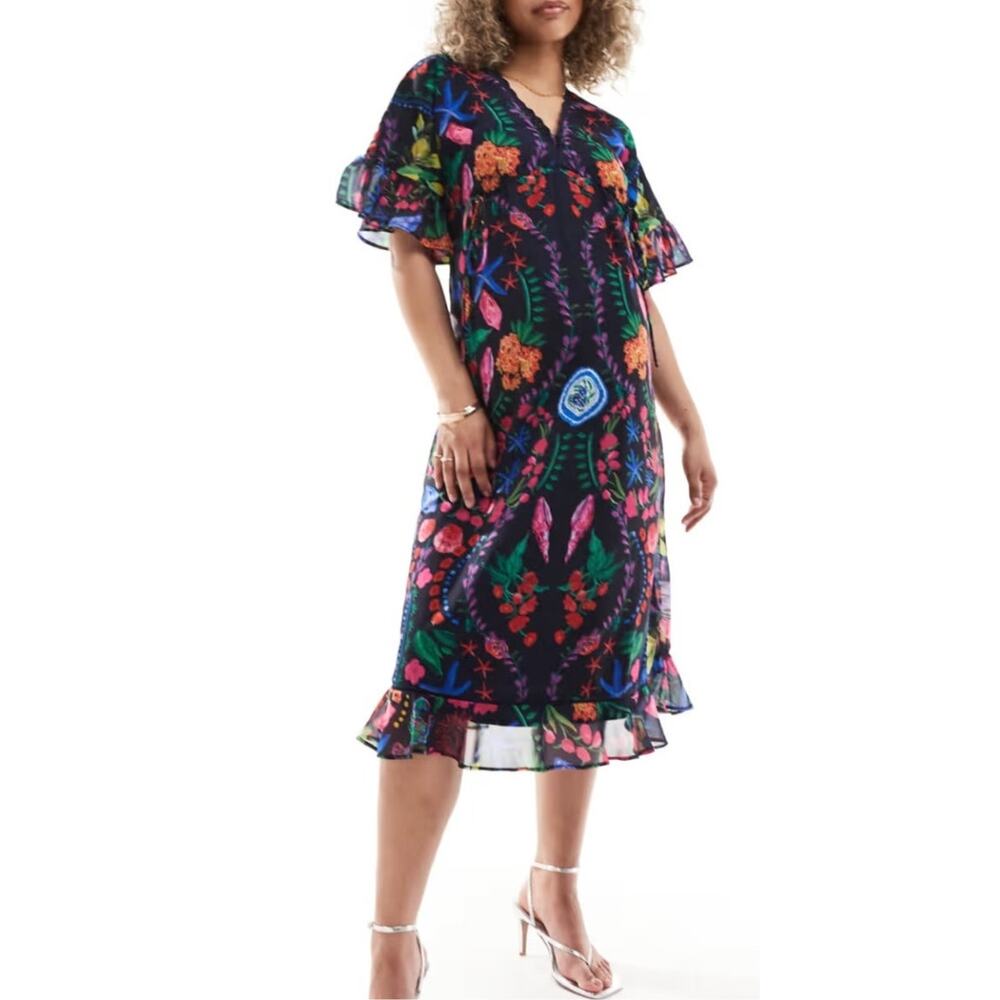 Hope & Ivy Maternity Navy Blue Multicolor Floral Beach Dress Size 14